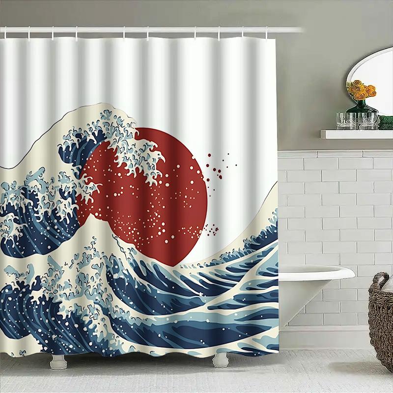 

Большая волна Канагавы Занавеска для душа Японский стиль Декор для ванной комнаты Художественный принт Водонепроницаемая полиэстеровая ткань Занавеска для ванны 90X180cm(35x70in)