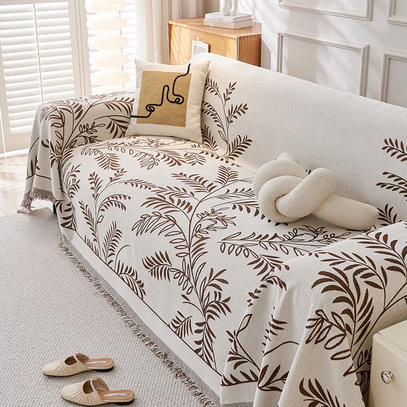 Chenille Full Coverage Sofa Cover with Leaf Pattern Premium Cushion for All Seasons