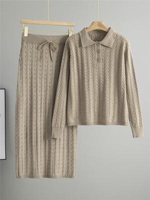 Korean-Style Two-Piece Set: Polo Collar Cable Knit Top & Sweater Skirt for Spring/Autumn
