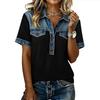 Denim Patchwork Shirts For Women Stand Collar Casual Blouse Short Sleeve Comfy Tshirt Spring Summer Fashion