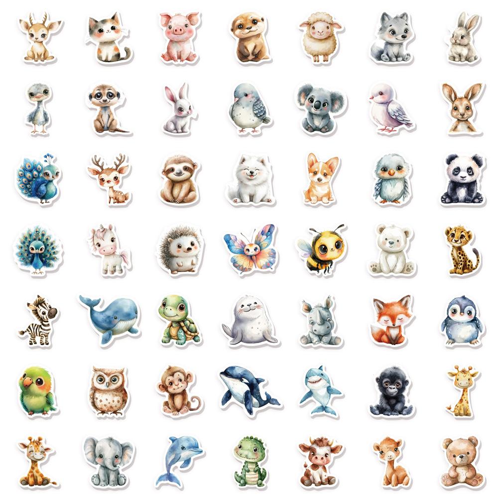50PCS Cute Watercolor Diverse Animal Graffiti Stickers Cartoon DIY Skateboard Mobile Laptop Decoration Reward Stickers Toy