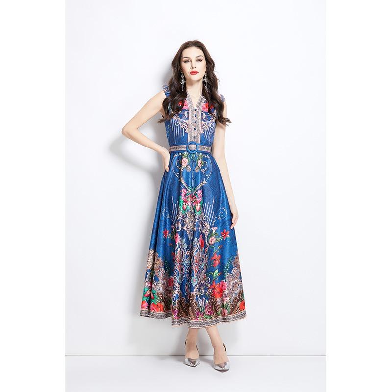 Summer Women Vintage Palace Print Designer Runway Dress V-neck Single Breasted Long Maxi Holiday Beach Boho Dresses with Belt