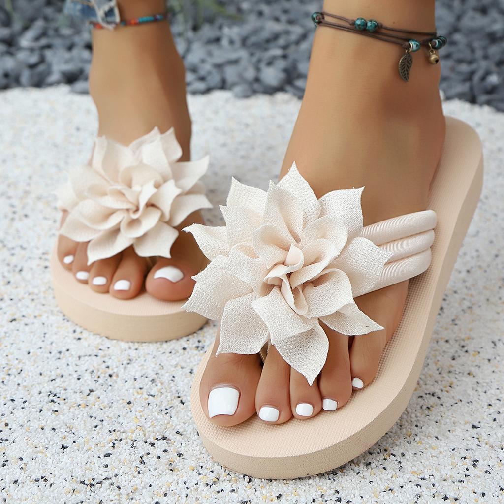 Large Thick Soled Herringbone Sandals for Women, Solid Color Flowers, Versatile Fashion, Retro Beach Slippers