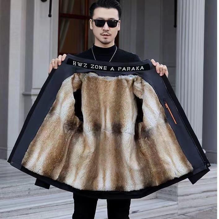 Men's Winter Thick Velvet Lined Fur Parka - Business Casual Mid-Length Coat