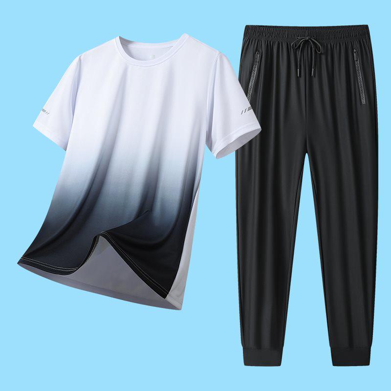 2026 Summer Men's Ice Silk Casual Sports Set: Round Neck Short Sleeve & Long Pants