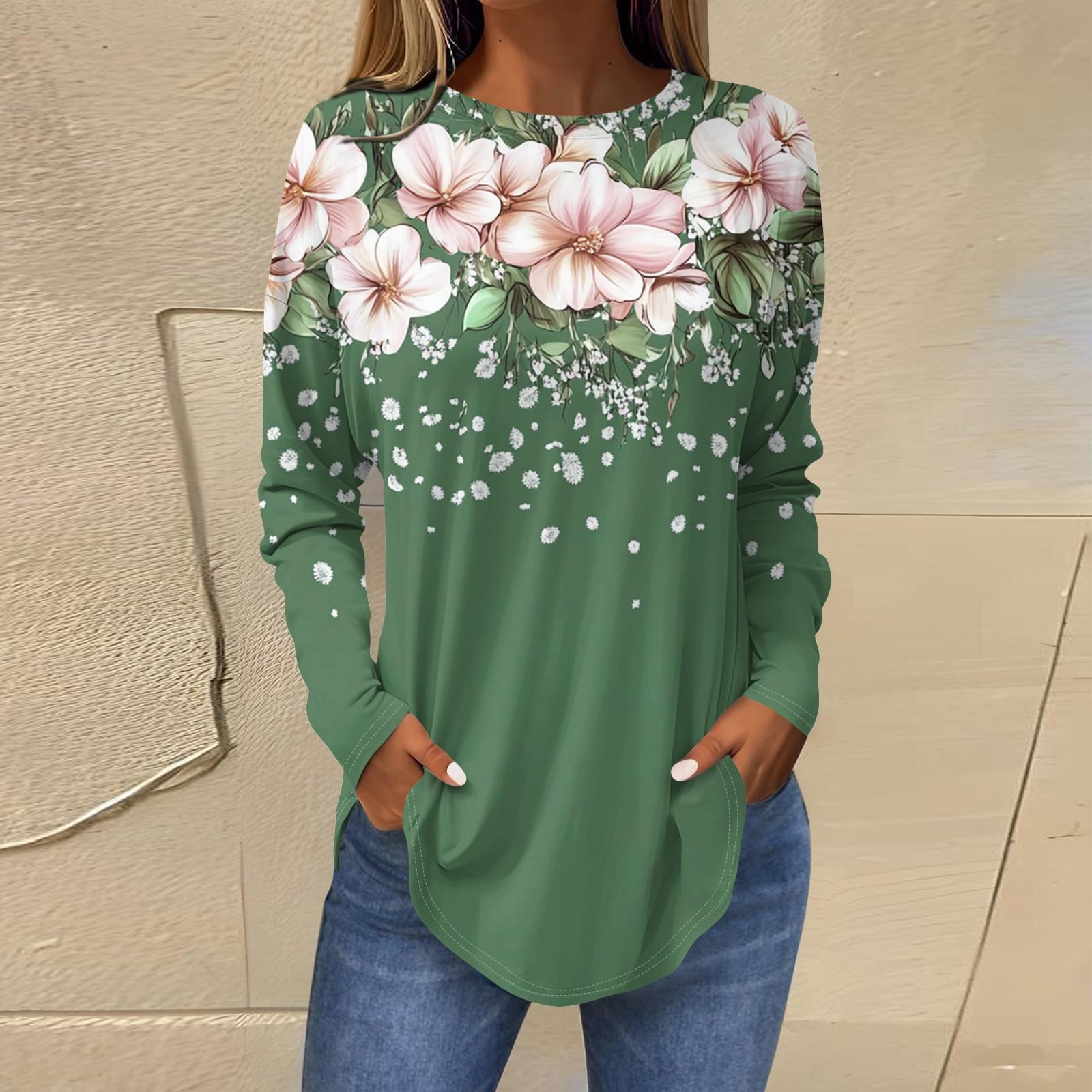 

Женская свободная футболка с длинным рукавом с круглым вырезом и принтом, верхний пуловер L армия зеленый