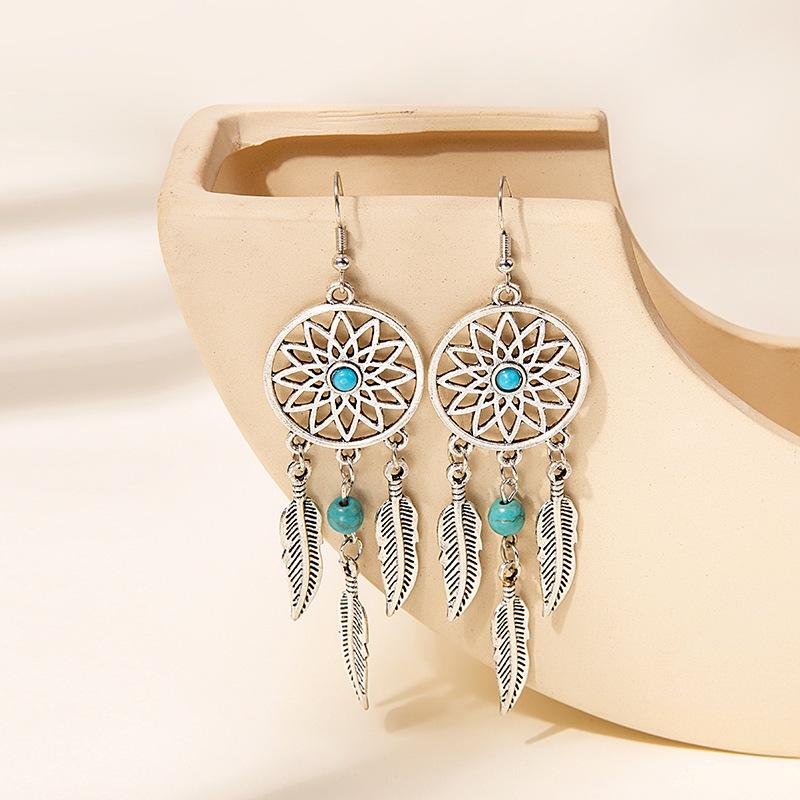 Turquoise Dreamcatcher Tassel Stud Earrings: Elegant Leaf Design, Hot-Selling Hollow Style for Women