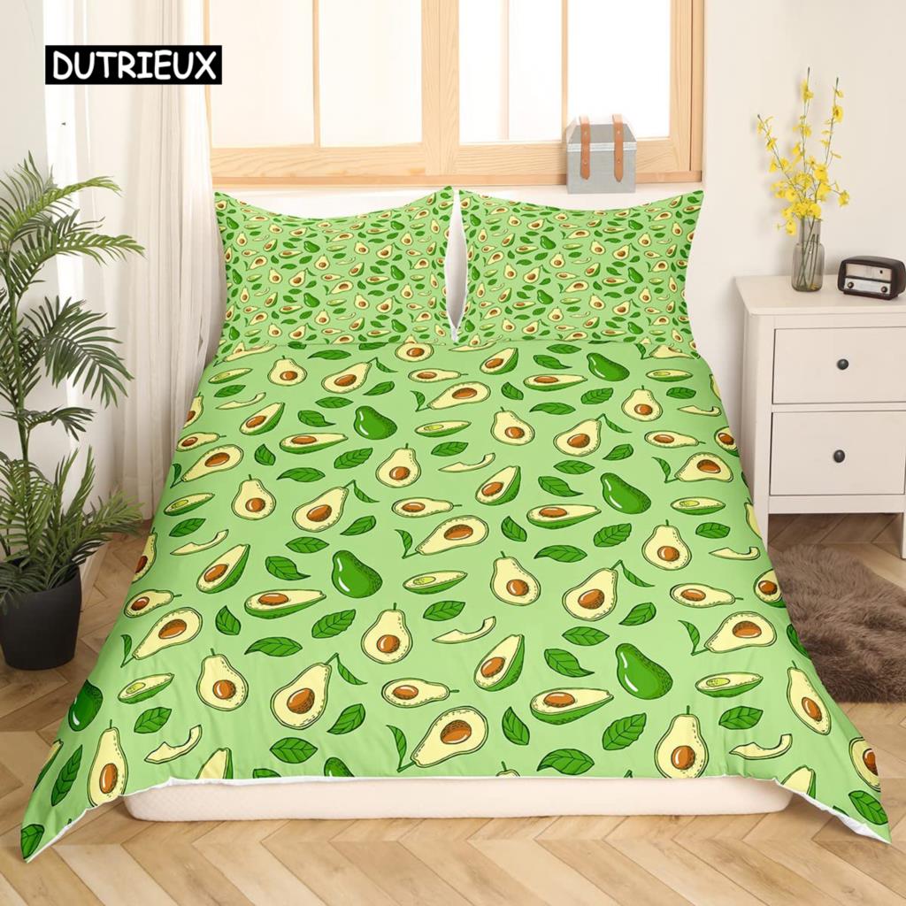 Avocado-Bettbezug-Set für Kinder, Kawaii-Bettwäsche-Set, süße Früchte, Bettbezug, Zwillingsgröße, tropischer botanischer Cartoon-Bettbezug
