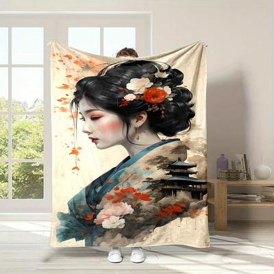 Elegant Japanese Geisha Pattern Flannel Printed Blanket Suitable for All Seasons Suitable for Living Room Office Sofa and Travel