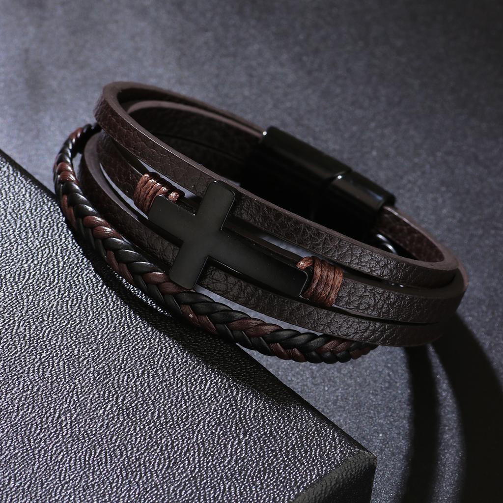 Men's Vintage Cross Leather Bracelet with Magnetic Clasp & Braided Design for Fashion Jewelry Gift