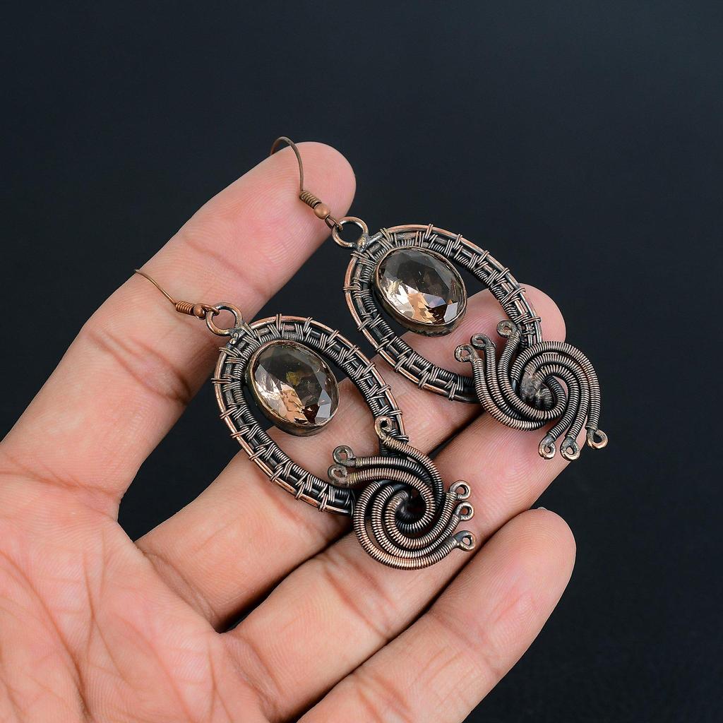 Morganite Earrings, Handmade Gemstone 999 Copper Wire Wrapped Earrings Antique Jewelry, For Engagement Gift