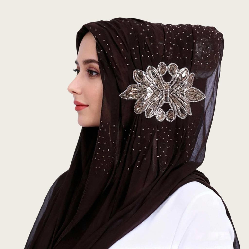 Luxury Rhinestone Chiffon Hijab Scarf Women Muslim Crystal Diamond Headscarf White Wedding Shawl Embroidered Beaded Turban Wrap
