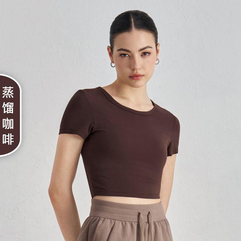 

Yoga Jacket Women s Summer round Neck Short Sleeves High Elastic Plaid Skinny Yoga Clothes Workout Exercise T-shirt Slimming Thin Espresso Espresso (new color) 4