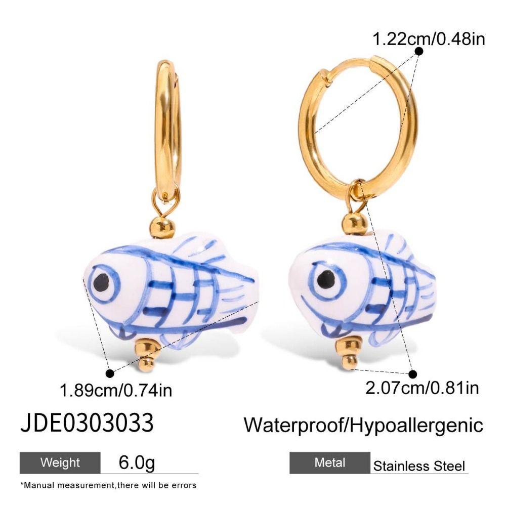 Stainless Steel Blue and White Porcelain Earrings Chinese Style Gold Hoop Earrings  Lady