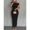 Women's Asymmetric Off Shoulder Short Sleeve Textured Ruched Side Bodycon Maxi Solid Casual Dress
