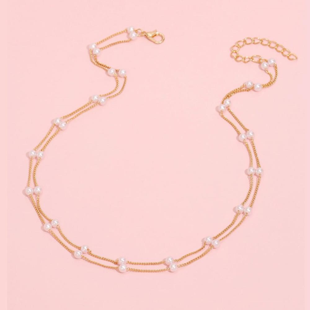 New neck chain, simple creative chain, pearl double collarbone chain, bohemian stacked style