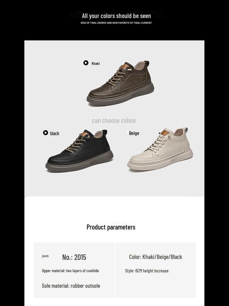 Zapatillas de Hombre de Piel de Vaca con Suela Gruesa: Zapatos de Moda de Caña Baja, Casuales Británicos de Cuero, Talla Grande, que Aumentan la Altura