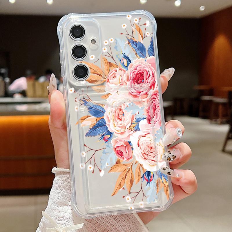 

Роскошный узор из роз, мягкий силиконовый чехол для телефона Samsung S24 FE S23 S22 Ultra A16 A15 A55 A35 A54 A34, противоударный прозрачный чехол-бампер со слотом для карт Samsung A05S