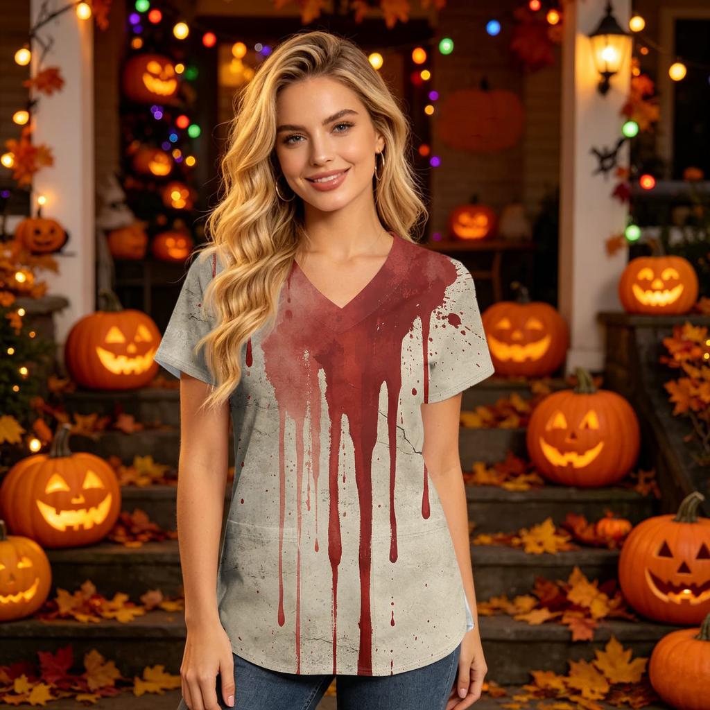 Women's V Neck Short Sleeve Work Top with Pockets Halloween Print Medical Uniform for Caregivers and Healthcare Professionals