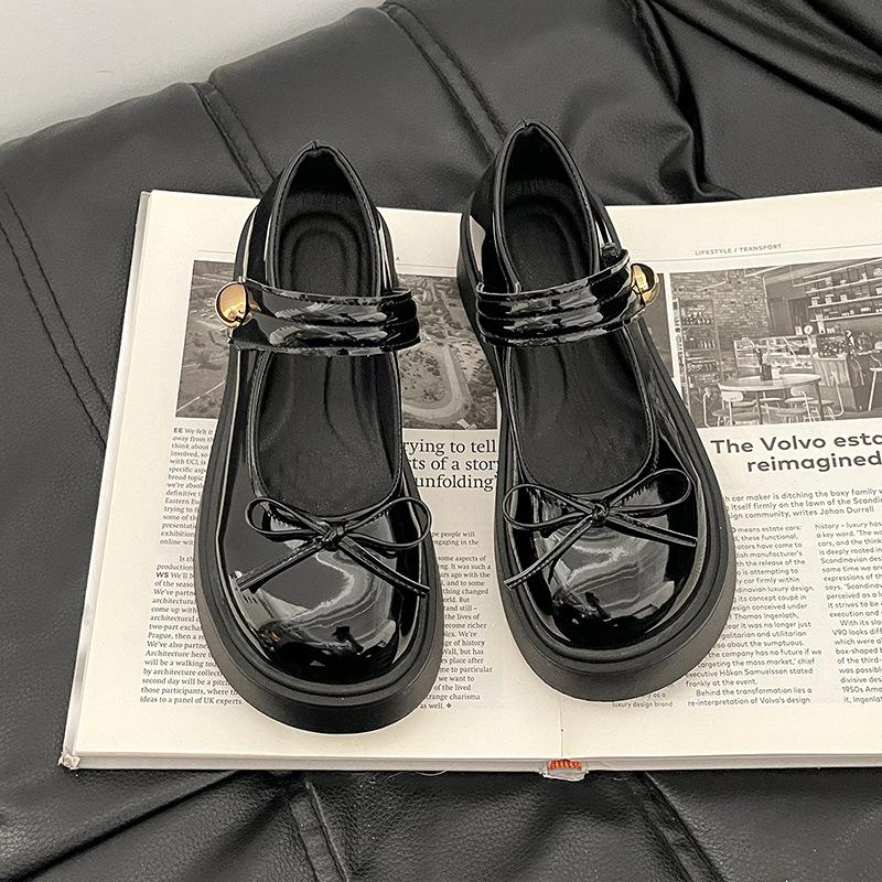 Fashion versatile platform British style small leather shoes women's 2025 new summer bow with skirt round head single shoes