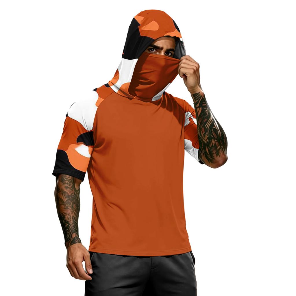 Men's Short Sleeve Hooded T Shirt Digital Camouflage Print Pullover Athletic Fit Lightweight Top for Sports Training