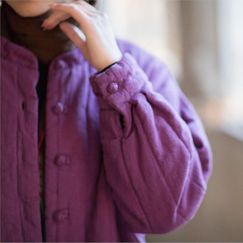 Johnature Women Vintage Winter Stand Long Sleeve Solid Color Coats Button Warm Coats