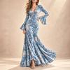 Women's Floral Print V-Neck Long Bell Sleeve Evening Dress with Cinched Waist and Flared Hem