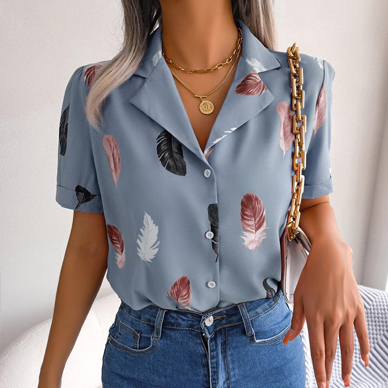 Women Summer Short Sleeve Lapel Feather Printed Casual Office Shirt Blouse Top