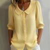 Women's Peter Pan Collar Puff Short Sleeve Button Down Solid Linen Blend Shirt Loose Casual Blouse For Summer Daily Office