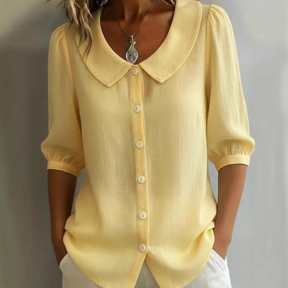 Women's Peter Pan Collar Puff Short Sleeve Button Down Solid Linen Blend Shirt Loose Casual Blouse For Summer Daily Office