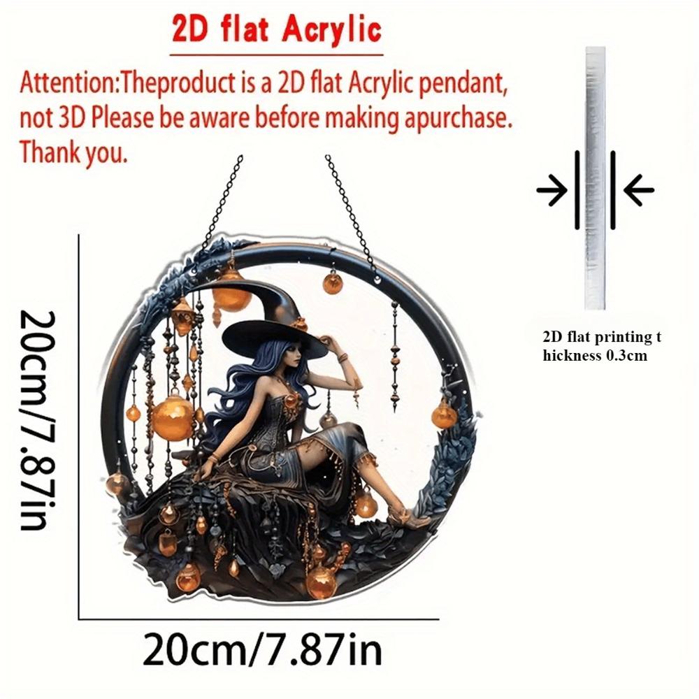 2D Flacher Halloween Traumfänger Anhänger - 2D Acryl Hexe mit Hängedekor mit Halbmond, Tropfenanhänger und Juwelenverzierung