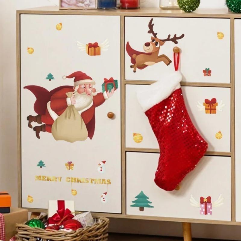 Cartoon Santa Claus Gift Wall Sticker Christmas Glass Windows Room Decor Decals Bedroom Home Decoration New Year Removable Mural