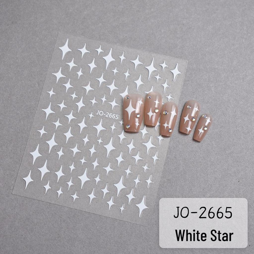 Four-Pointed Star Nail Art Stickers: Transparent Base with White, Black, and Silver Designs