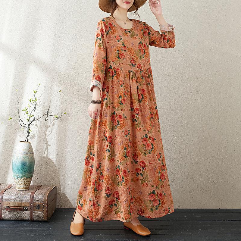 Early Autumn Cotton Linen Artistic Retro Loose Vacation Style Tourist Round Neck Mid Length Dress for Women