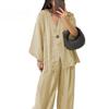 Conjunto de Duas Peças de Algodão Linho Feminino Manga Comprida Decote V Blusa com Botões Calças de Perna Larga Conjunto Casual de Roupa de Descanso