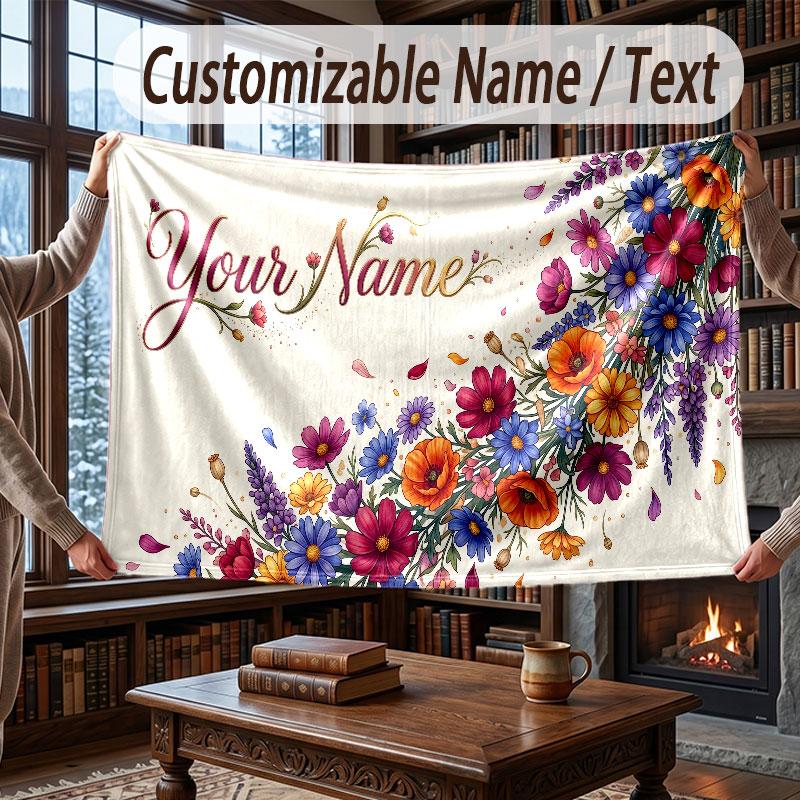 Floral Garden Theme Throw Blanket Custom Name Text Personalized Blanket Soft Cozy Blanket for Home Sofa Bed