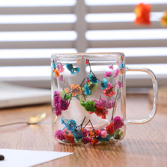 Double Wall Glass Coffee Mug with Handle Colorful Petal Design Tumbler Creative Insulated Cup for Hot