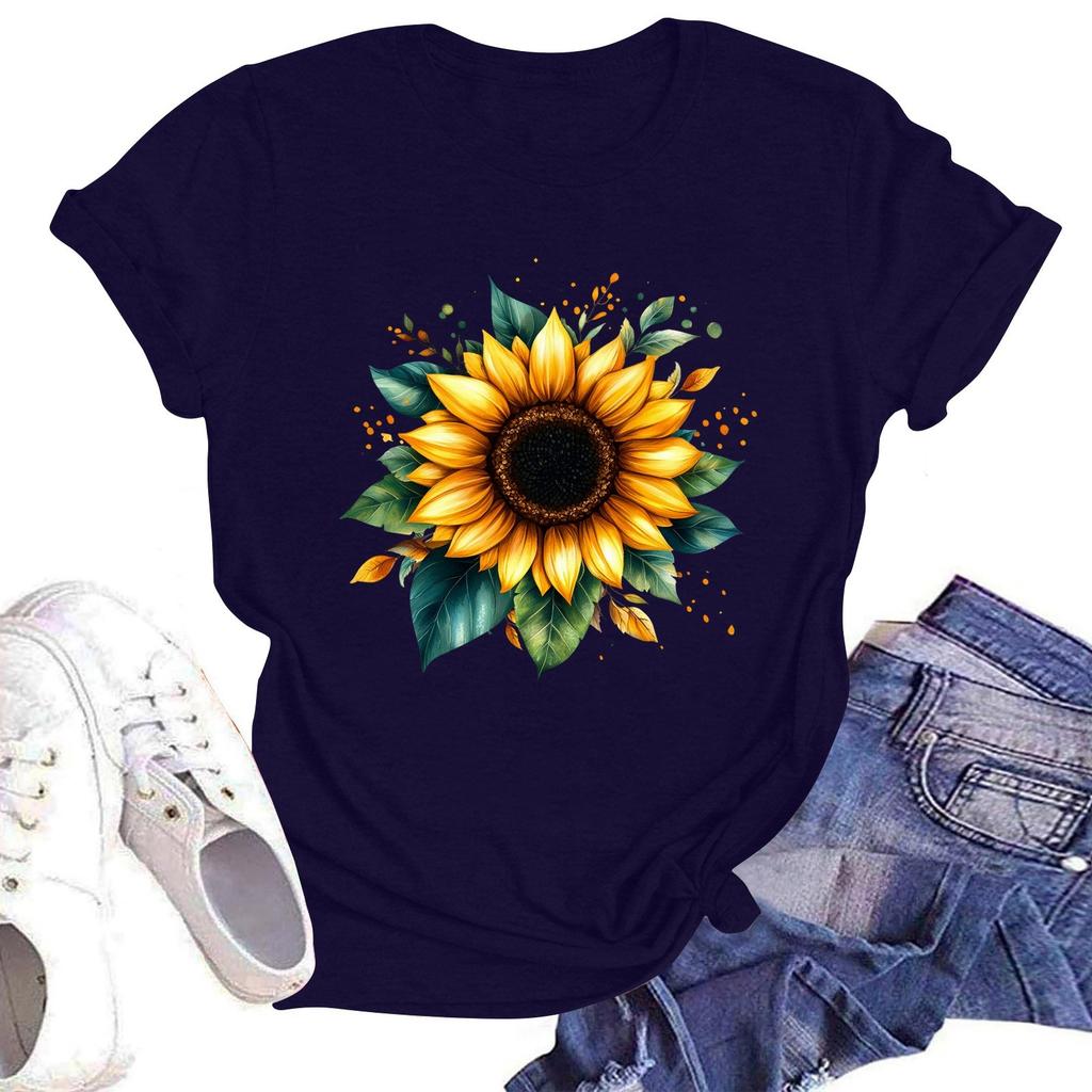 Dam Rundhalsad Casual T-shirt Topp med Blommigt Tryck och Korta Ärmar