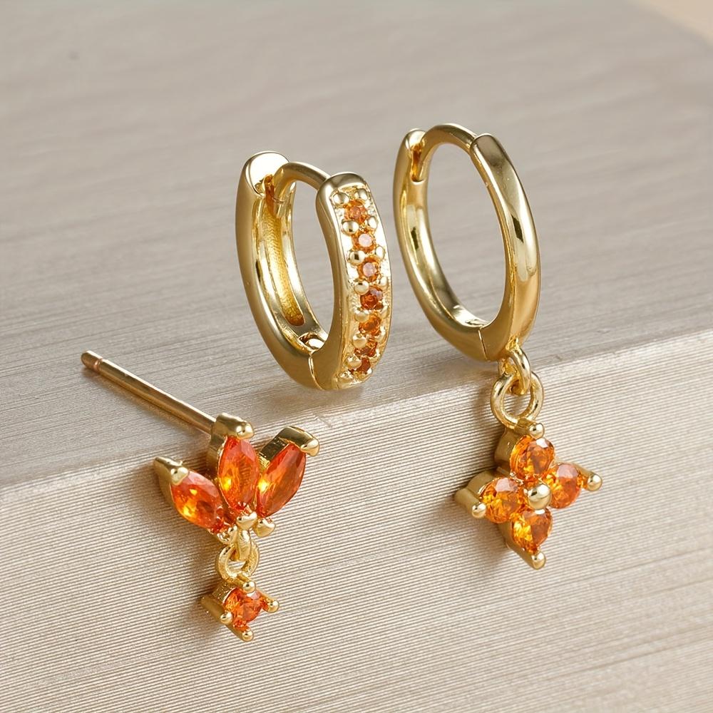3Pcs Stainless Steel Orange Red Hoop Earrings Set Square Zircon Marquise Pendant Cartilage Helix Piercing Jewelry