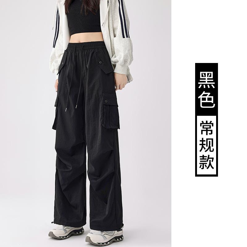 Women s High Waist Straight Leg Cargo Pants Loose Fit Quick Dry Parachute Trousers Streetwear Wide Leg Pants S чёрный