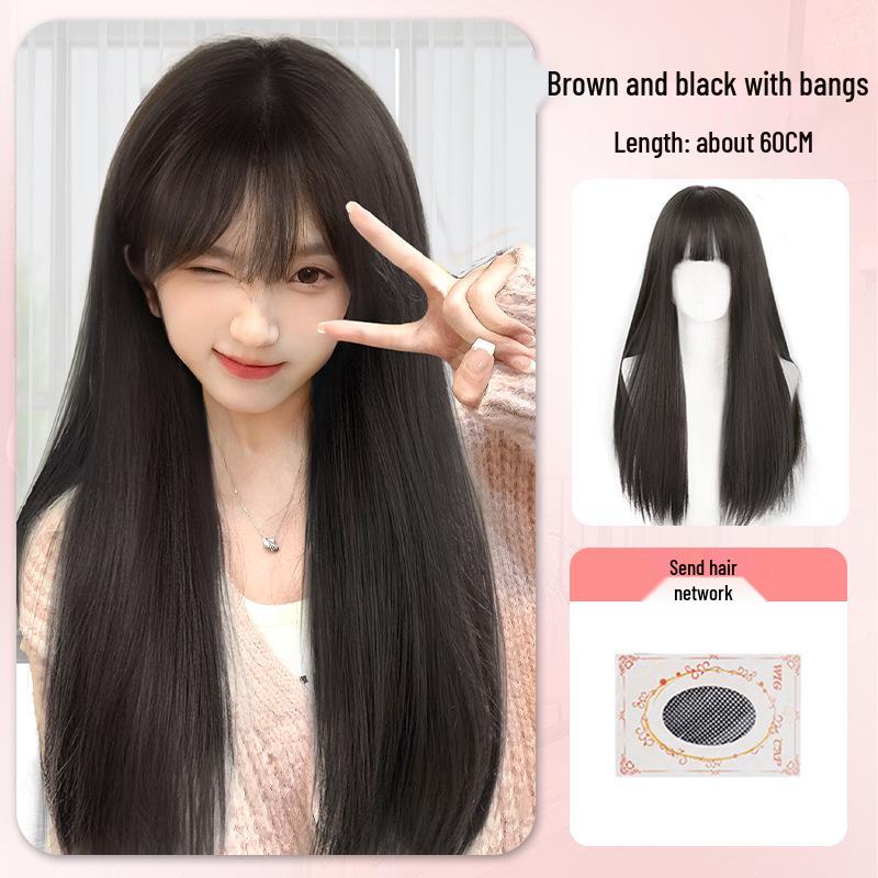 Schwarze lange gerade Perücke im koreanischen Stil mit Mittelscheitel und Pony - Vollkopfbedeckung für Damen