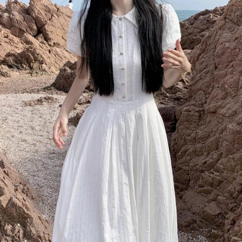 2026 Womens White Puff Sleeve Maxi Dress High Waist Slim Fit Casual Party
