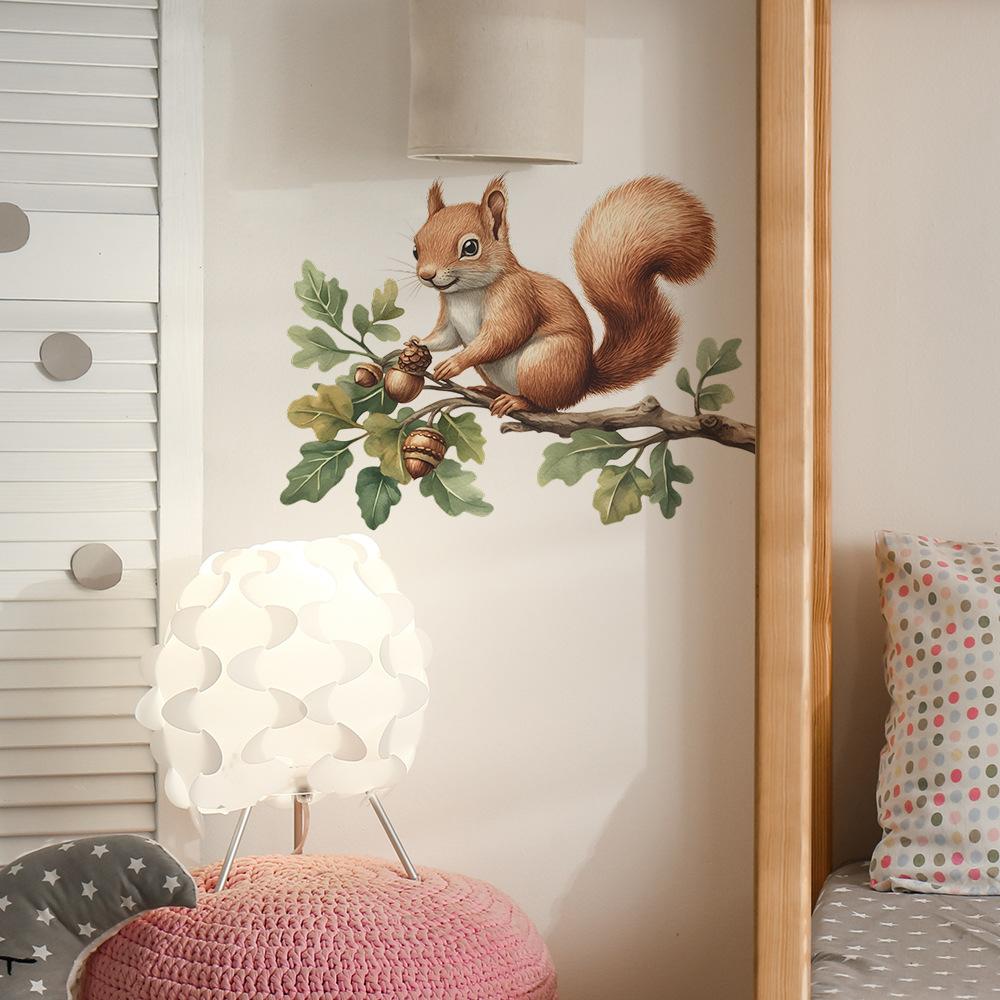 Painted Little Squirrel Branches Bedroom Living Room Entrance Hall Home Background Beautification Wall Stickers