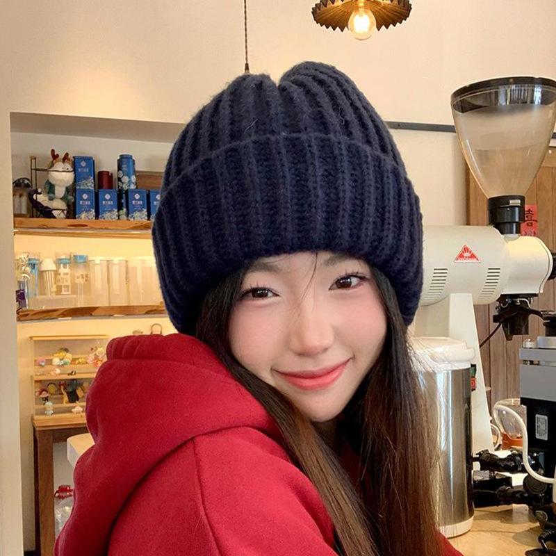 Wool Hat Women's Big Head Circumference Shows a Small Face, Loose Autumn and Winter Basic Solid Color Knitted Hat Student Head Cover Cold Hat