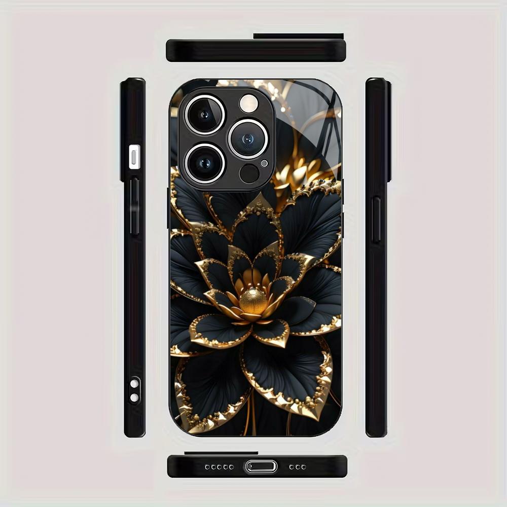 Black Lotus Patterned Tempered Glass Phone Case Suitable for iPhone 17 16 15 14 13 12 11 Pro Max Plus Anti Drop and Shockproof