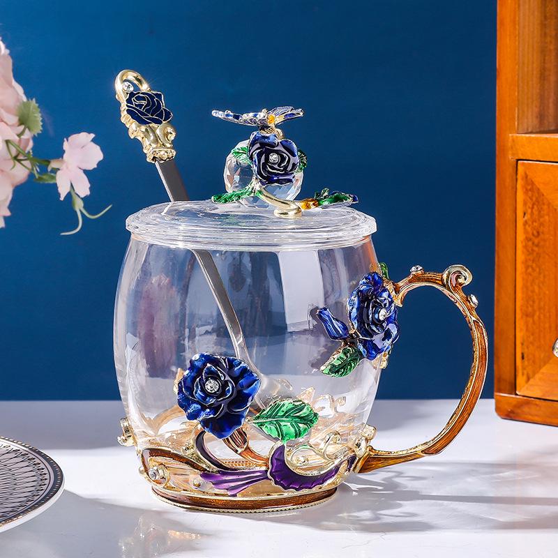 Colored Enamel Flower Glass Tea and Coffee Cup Set for Home and Office