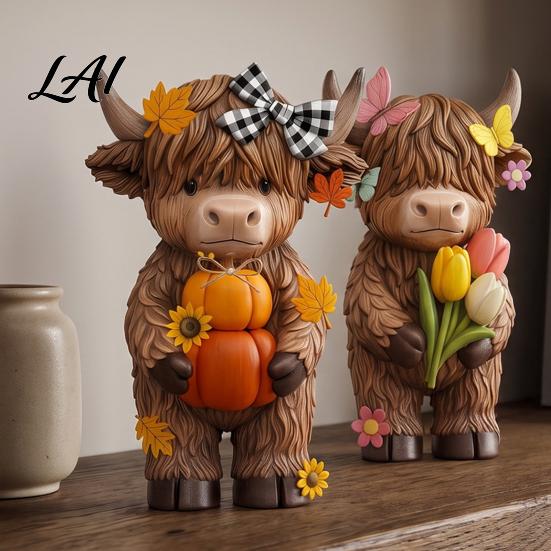 Hand Painted Highland Cattle 4 Pcs Seasonal Cow Figurines Spring Summer Fall Winter Rustic Shelf Accent Seasons Scottish Statue Resin Table
