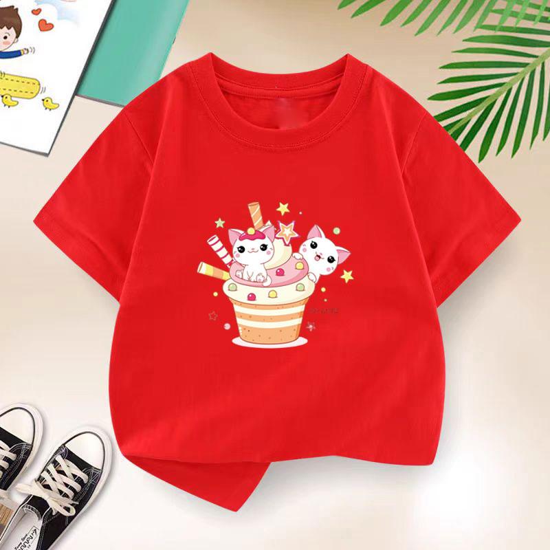 

2-14 лет хлопковые футболки для девочек с рисунком мороженого кота футболки 2025 летние повседневные модные детские футболки топы с принтом Харадзюку футболки 2T(90cm)