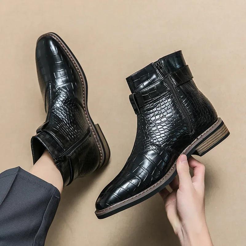 New Brown Ankle Boots for Men Zippper Black Crocodile Pattern  Square Toe Fashion Business Formal Men's Boots Size 38-46