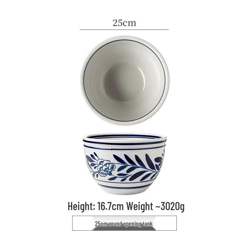 Retro Blue & White Porcelain Double Ear Round Jar - Large Deep Soup or Rice Bowl, Creative Ceramic Tableware for Hotels & Restaurants